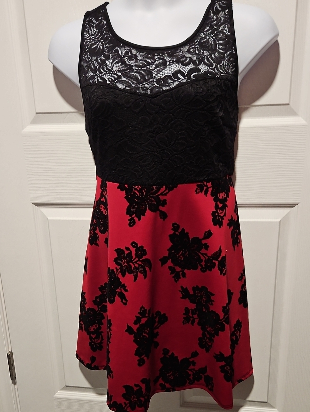 Vibe Black Lace Top Red Floral Skater Dress